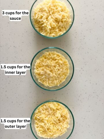 A blend of 6 cheeses portioned in 3 separate bowls.