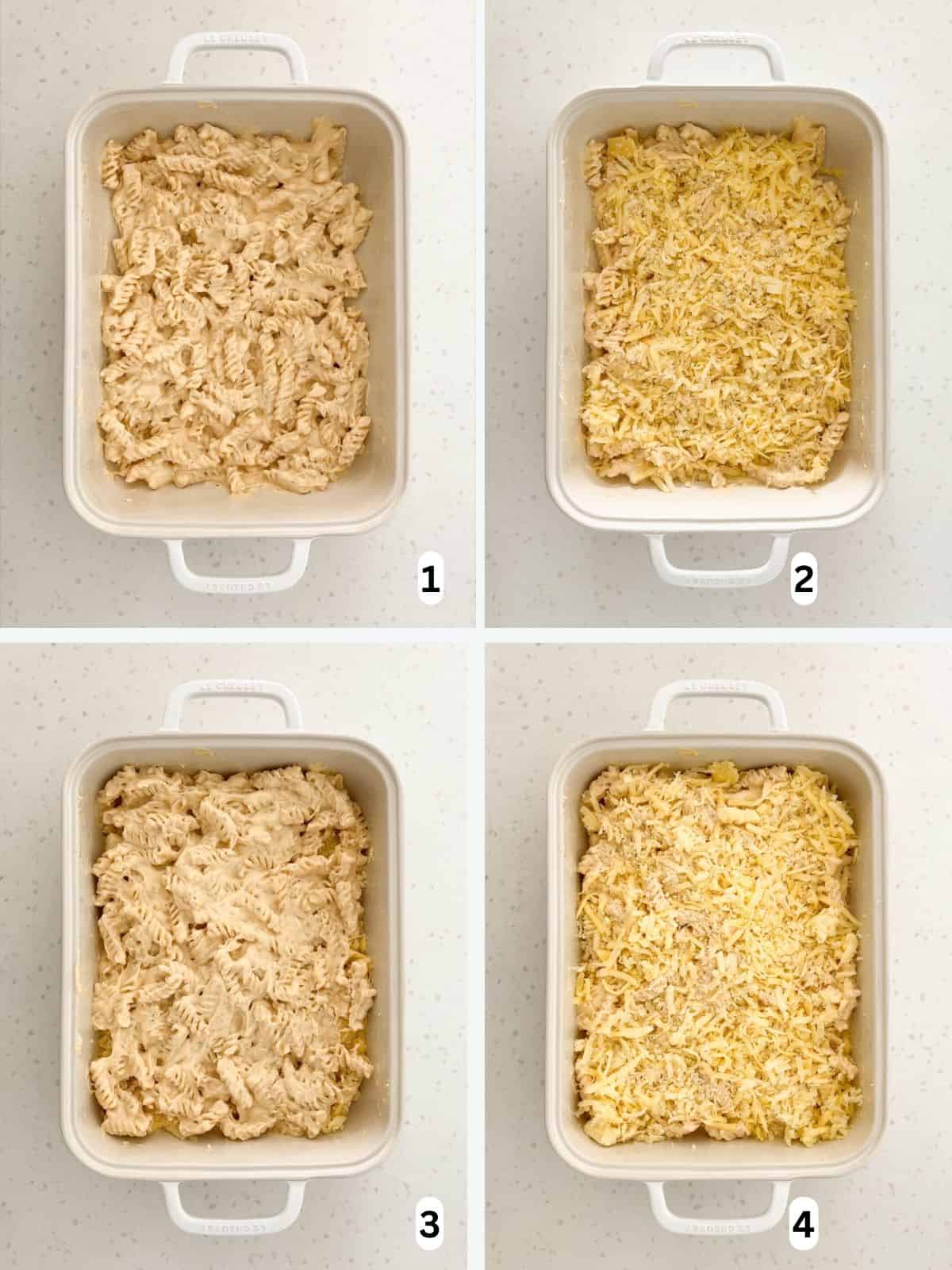 Four alternating layers of pasta mixture and cheese in a baking dish.