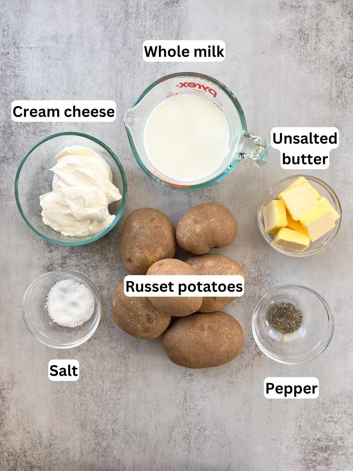 Ingredients needed to make KitchenAid mashed potatoes.