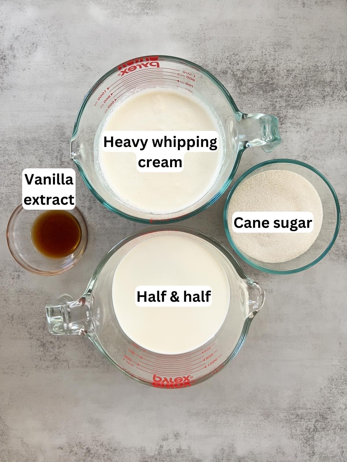 Ingredients to make no egg vanilla ice cream at home.