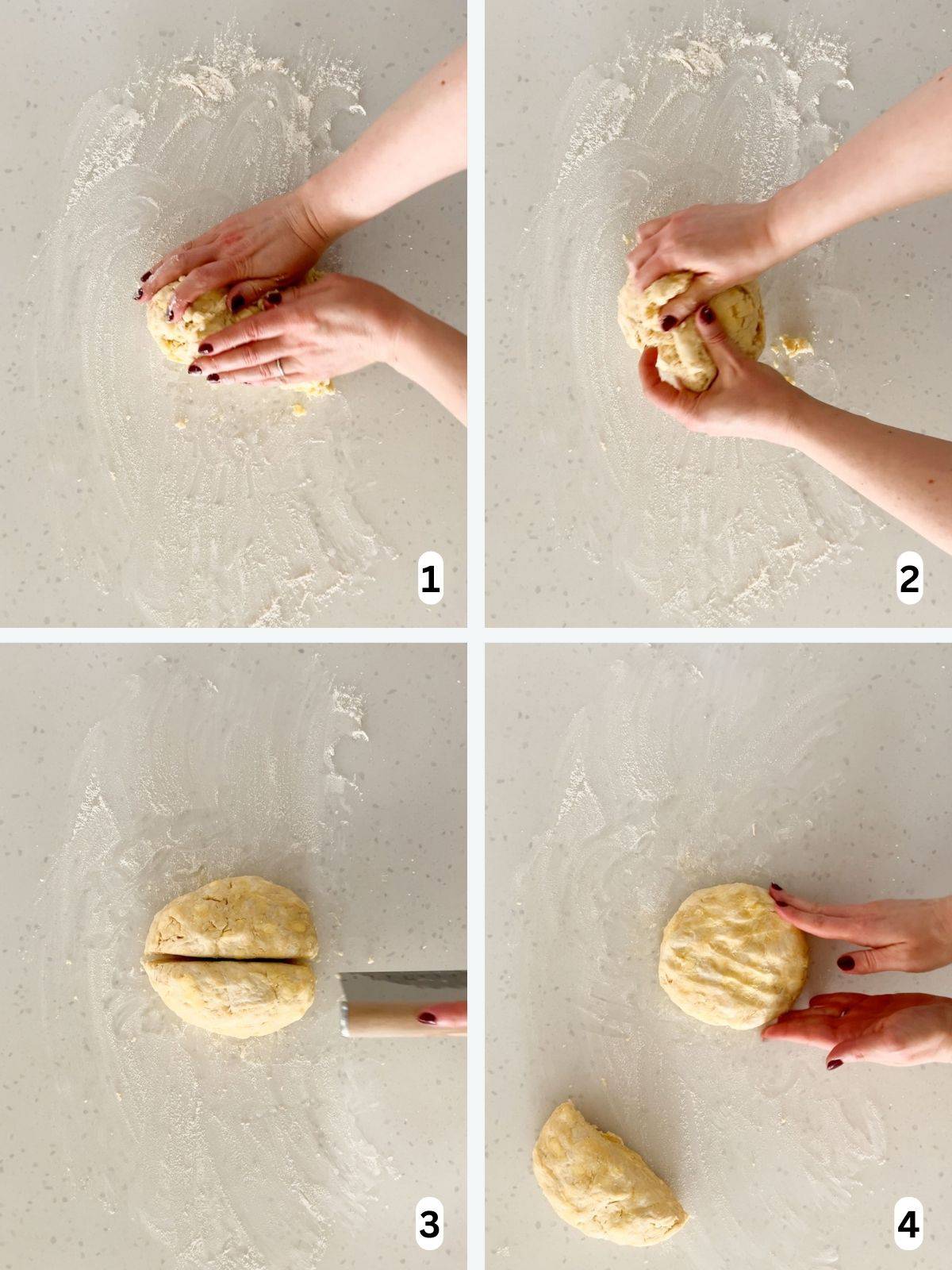 Pie dough is shaped into a ball and then formed into two disks 1 inch thick.