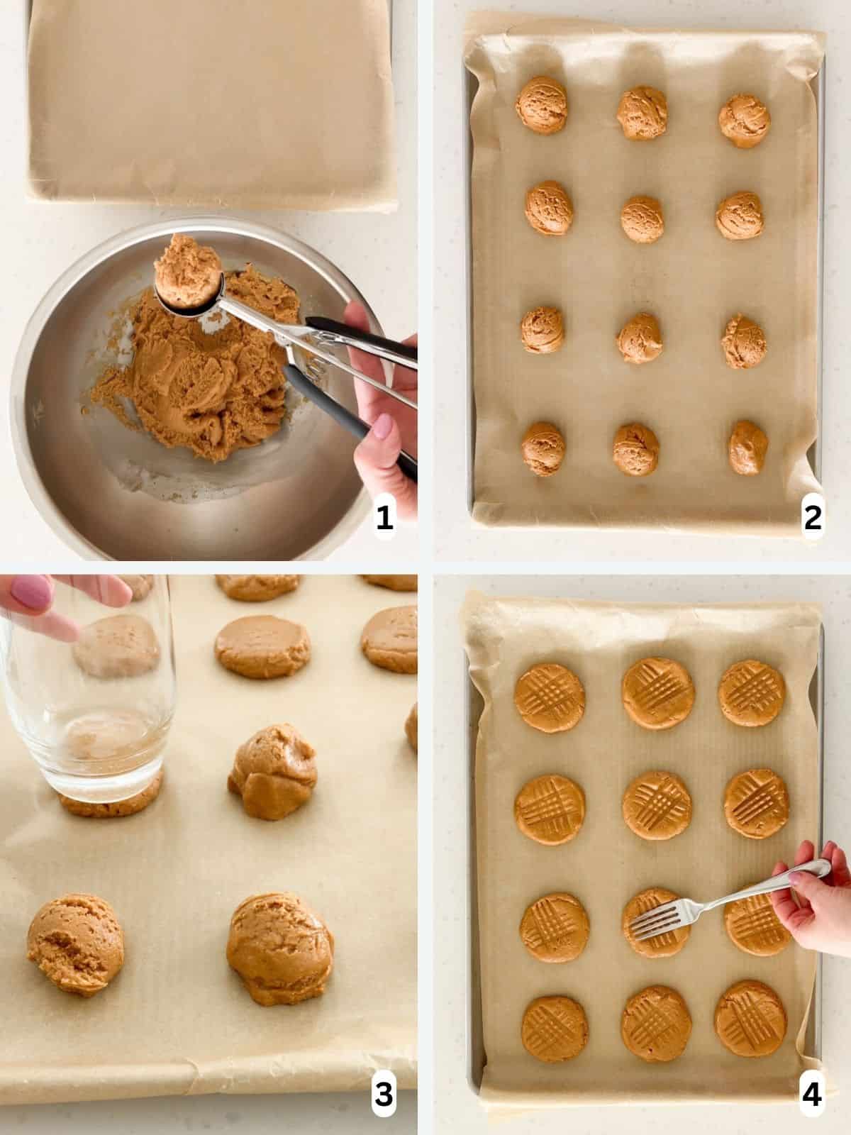 Peanut butter cookies are scooped and shaped on a baking sheet.