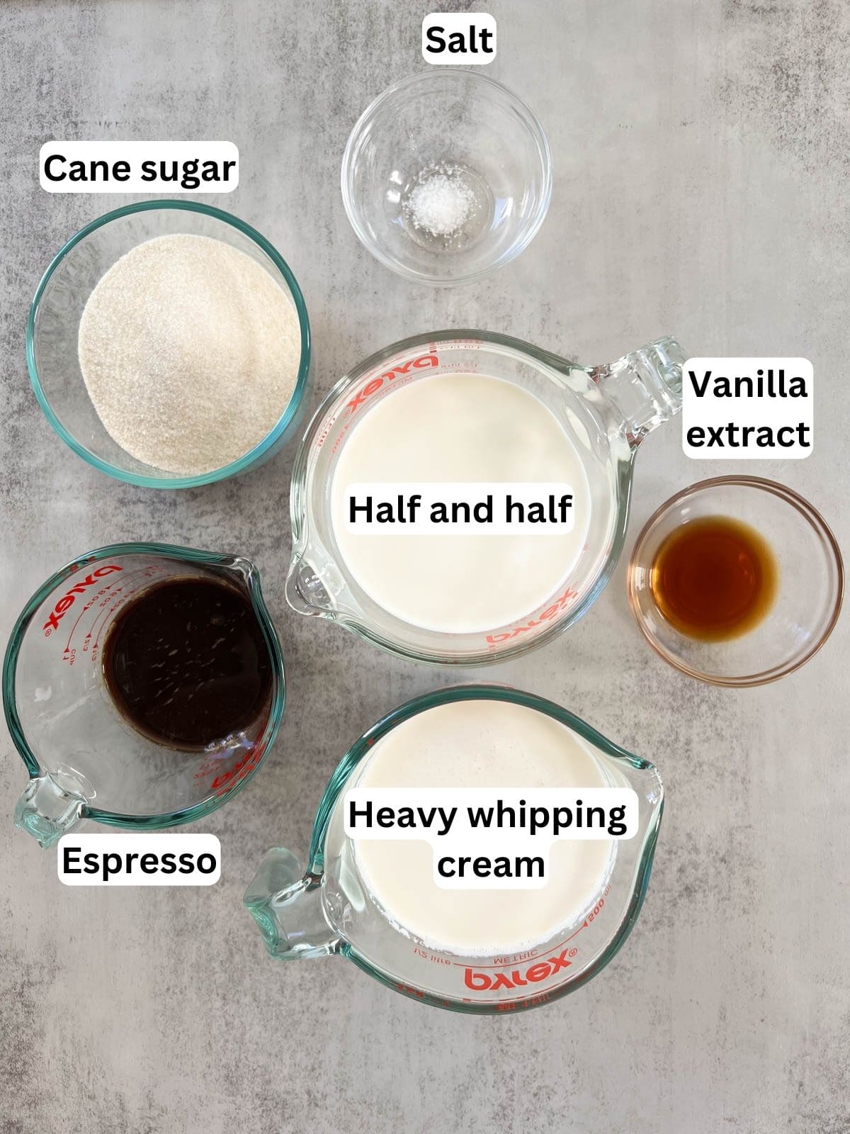 The ingredients to make espresso ice cream.