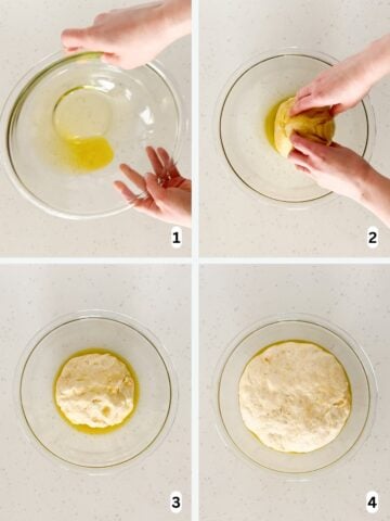 The dough in a bowl with olive oil rises and doubles in size.