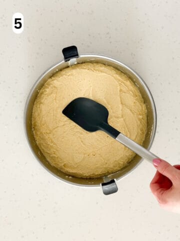 The cake batter is poured into a springform pan and smoothed with a spatula.