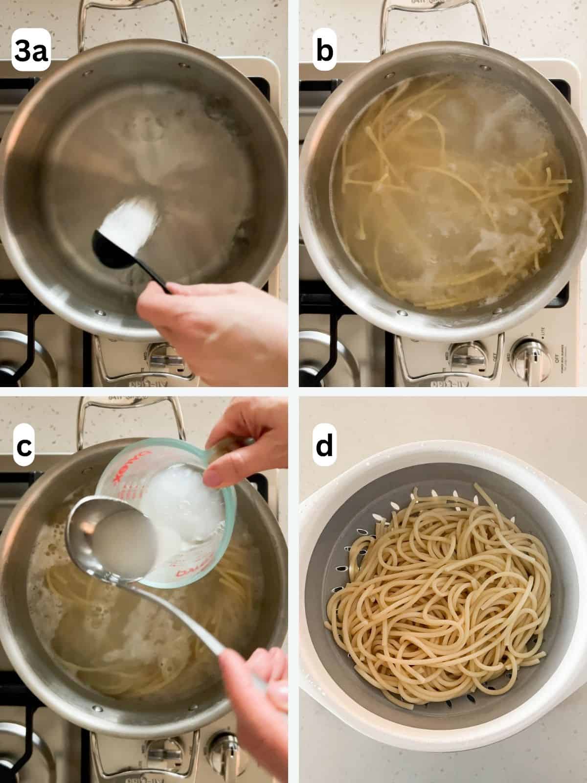 Pasta is boiled in salted water and some pasta water is reserved before draining.