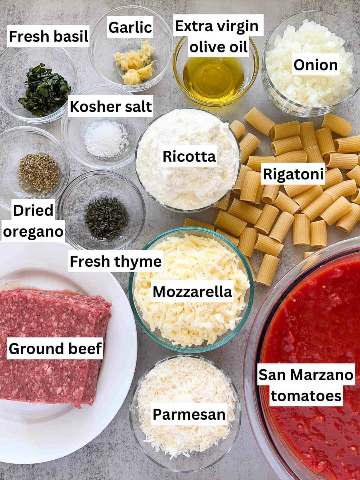 The ingredients to make rigatoni al forno.