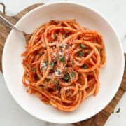A bowl of bucatini pomodoro.