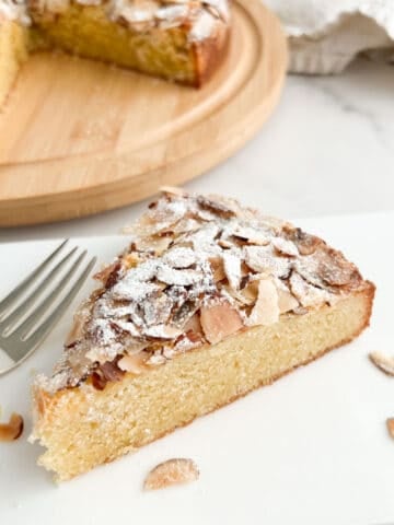 A slice of Italian almond cake on a plate.