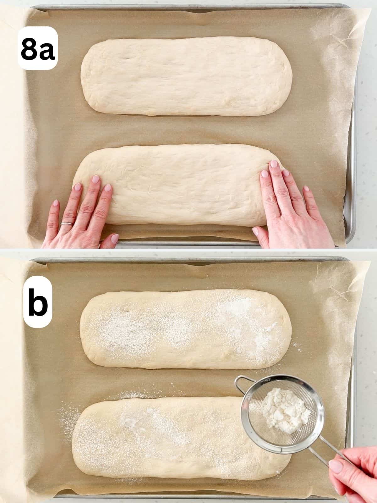 The dough is stretched into longer loaves and lightly dusted with flour.