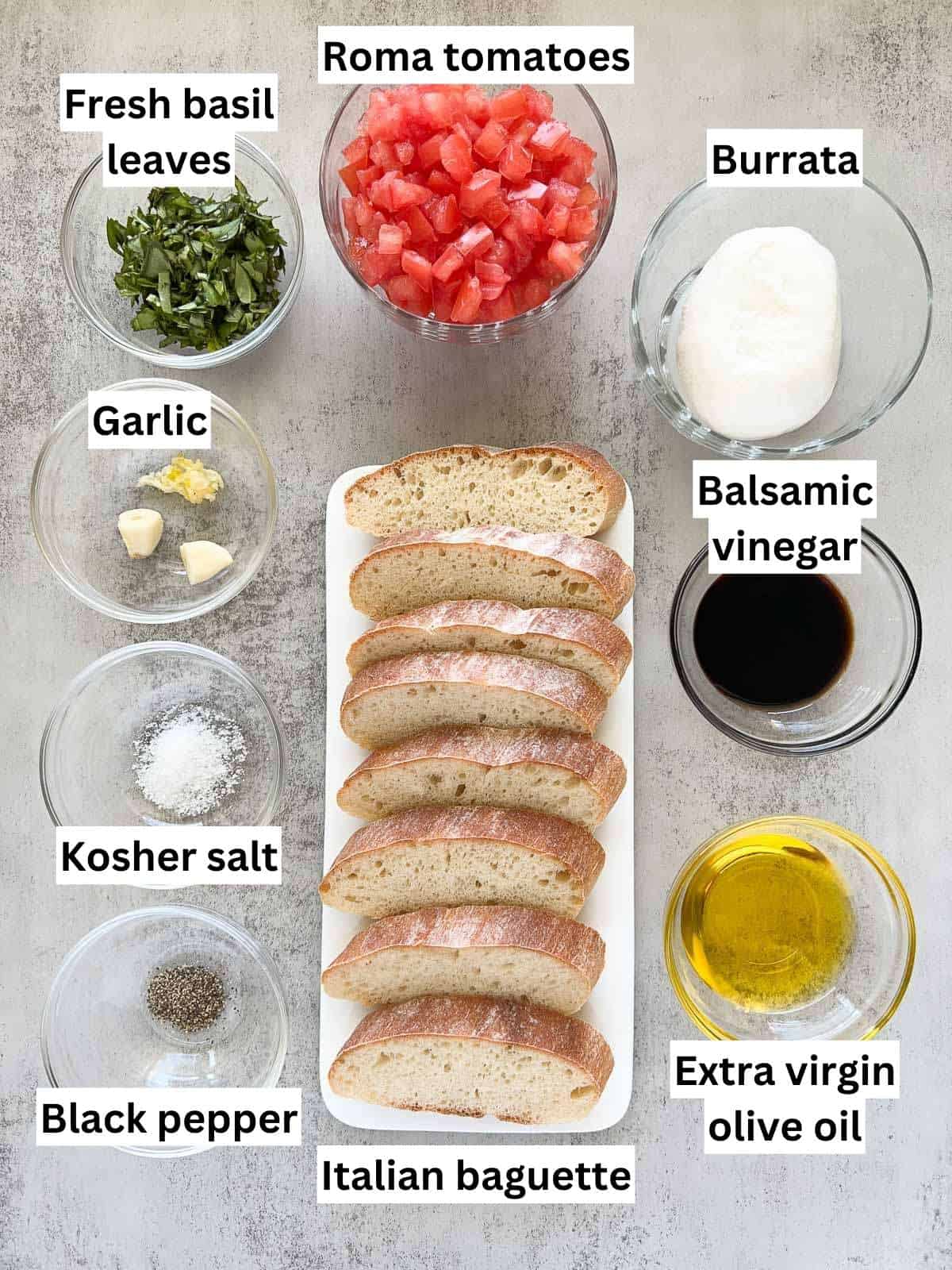 The ingredients to make burrata bruschetta.