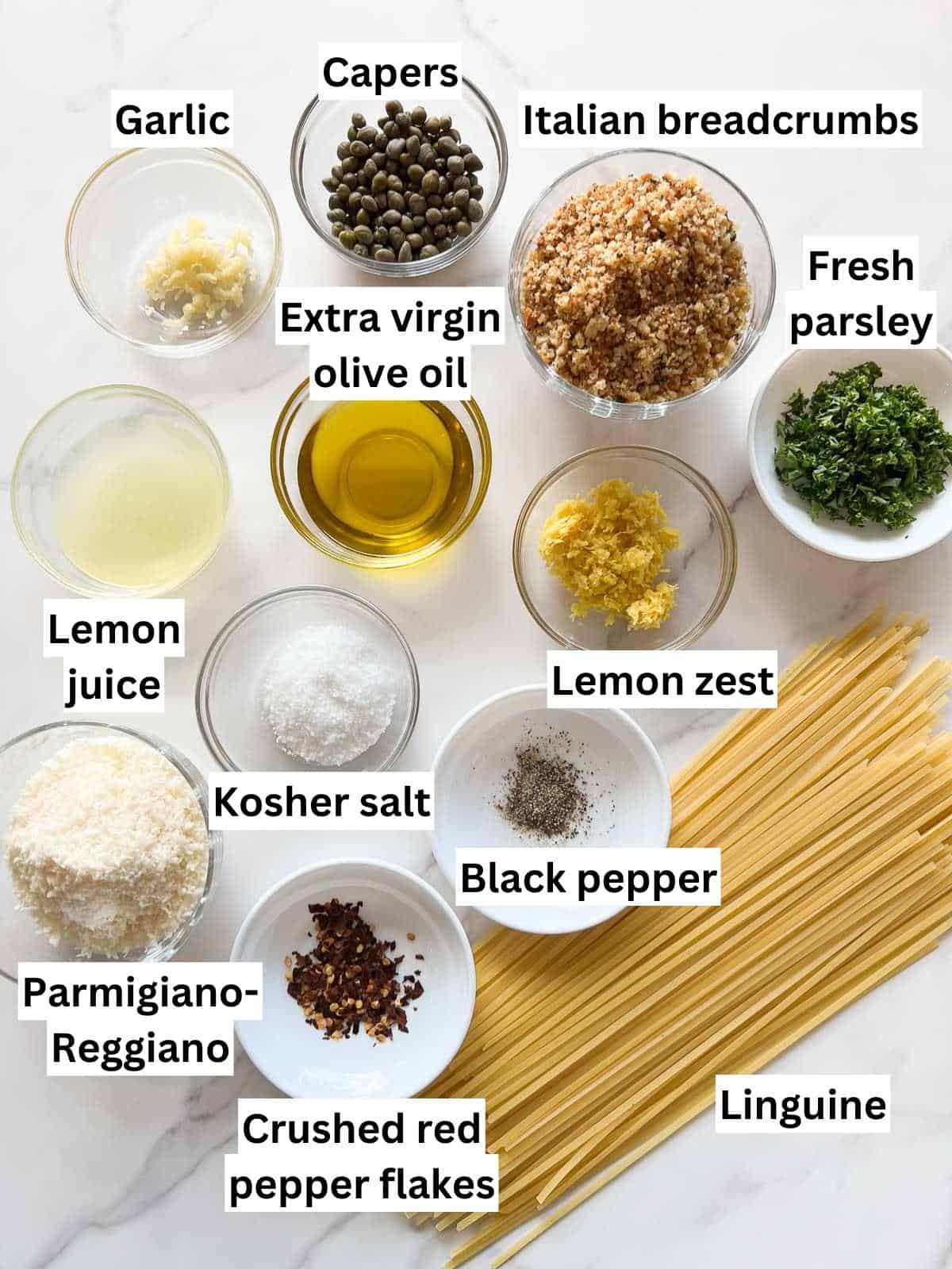 The ingredients to make lemon caper pasta.