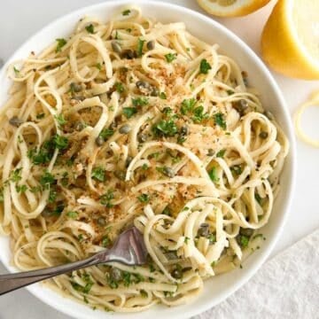 A bowl of lemon caper pasta.