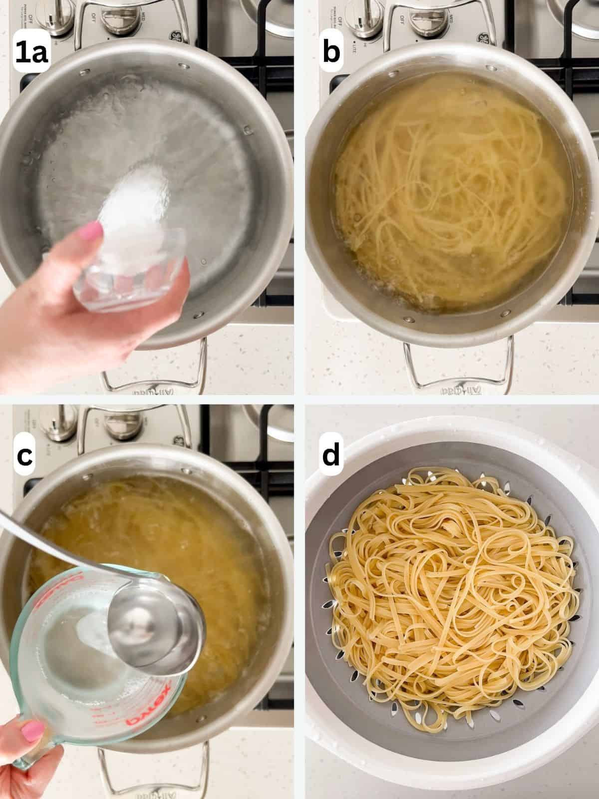 Pasta is cooked in salted water and some pasta water is reserved before draining.