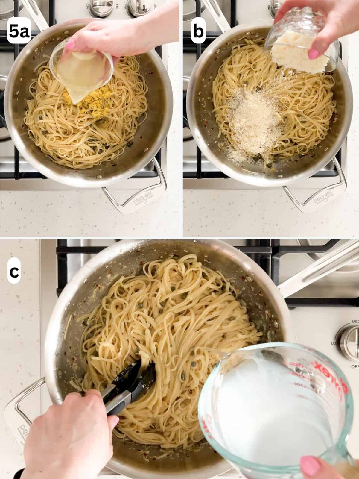 Lemon zest, lemon juice, Parmigiano-Reggiano, and pasta water are tossed into the pasta.