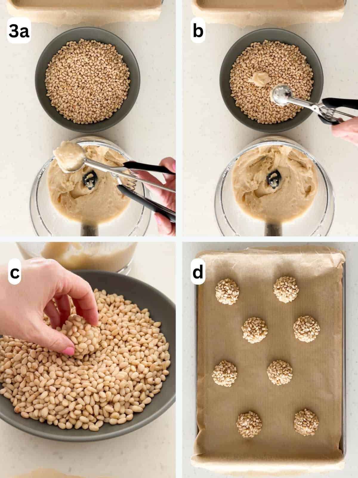 Balls of dough are rolled in pine nuts and placed on a baking sheet.