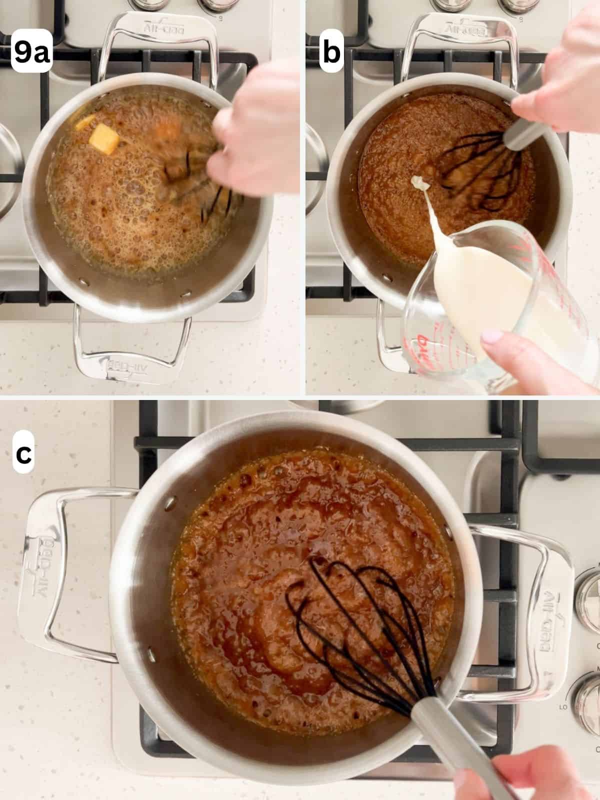 The butter, cream, and salt are whisked in to form a caramel sauce.