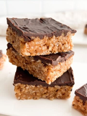 A stack of chocolate peanut butter rice crispy treats.