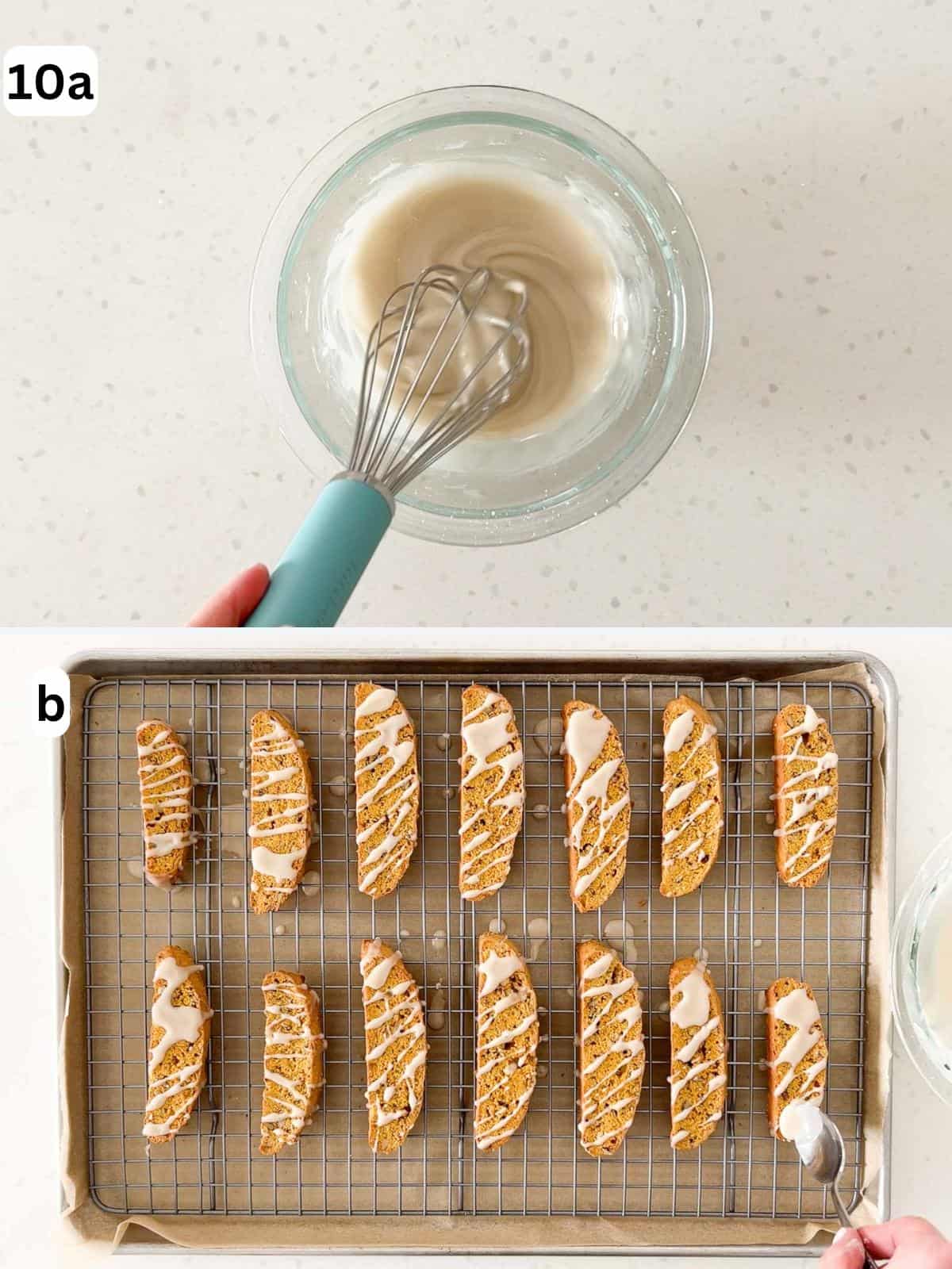 The glaze is whisked until smooth and then drizzled over the biscotti.