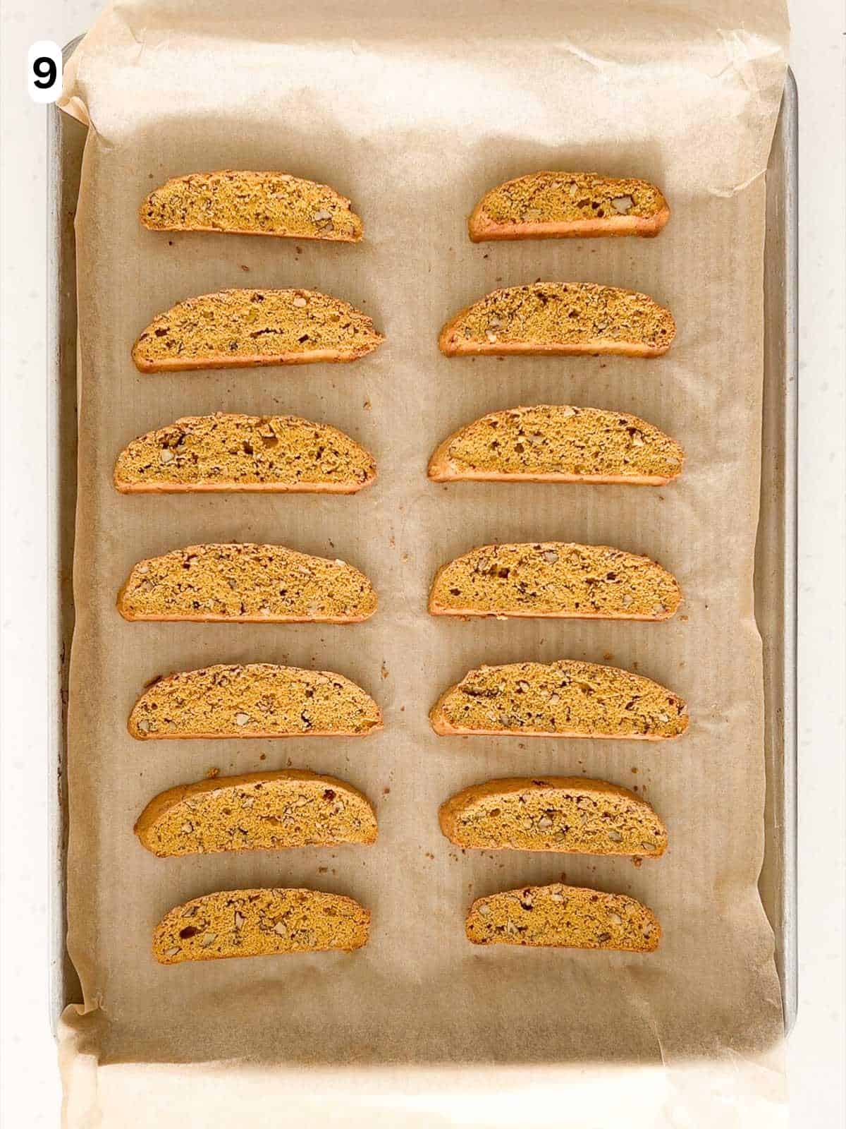 The biscotti are baked a second time until crisp and golden.