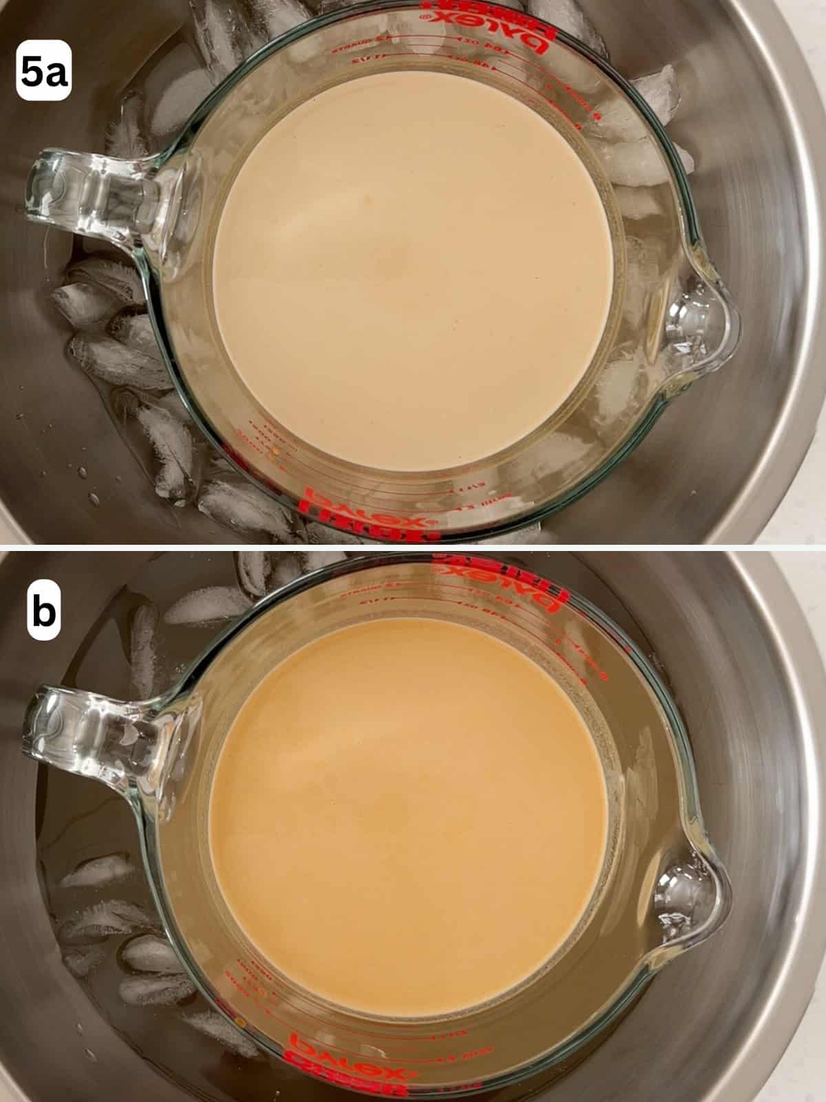 The panna cotta is placed in an ice bath until the pumpkin and spices are evenly distributed.