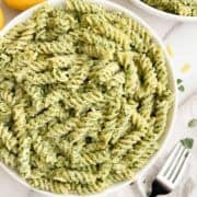 A bowl of ricotta pesto pasta.
