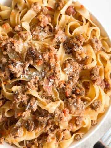 A bowl of tagliatelle bolognese.