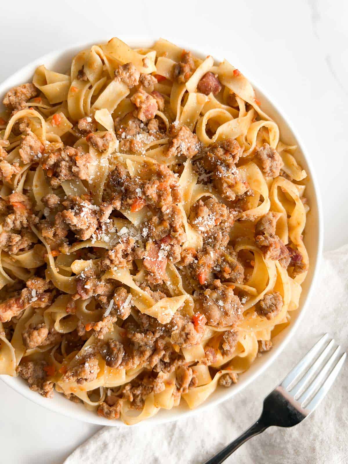 A bowl of tagliatelle bolognese.