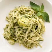 A bowl of pasta al pesto.