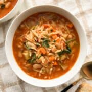 A bowl of vegetable orzo soup.