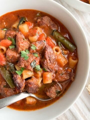 A bowl of Italian beef soup.