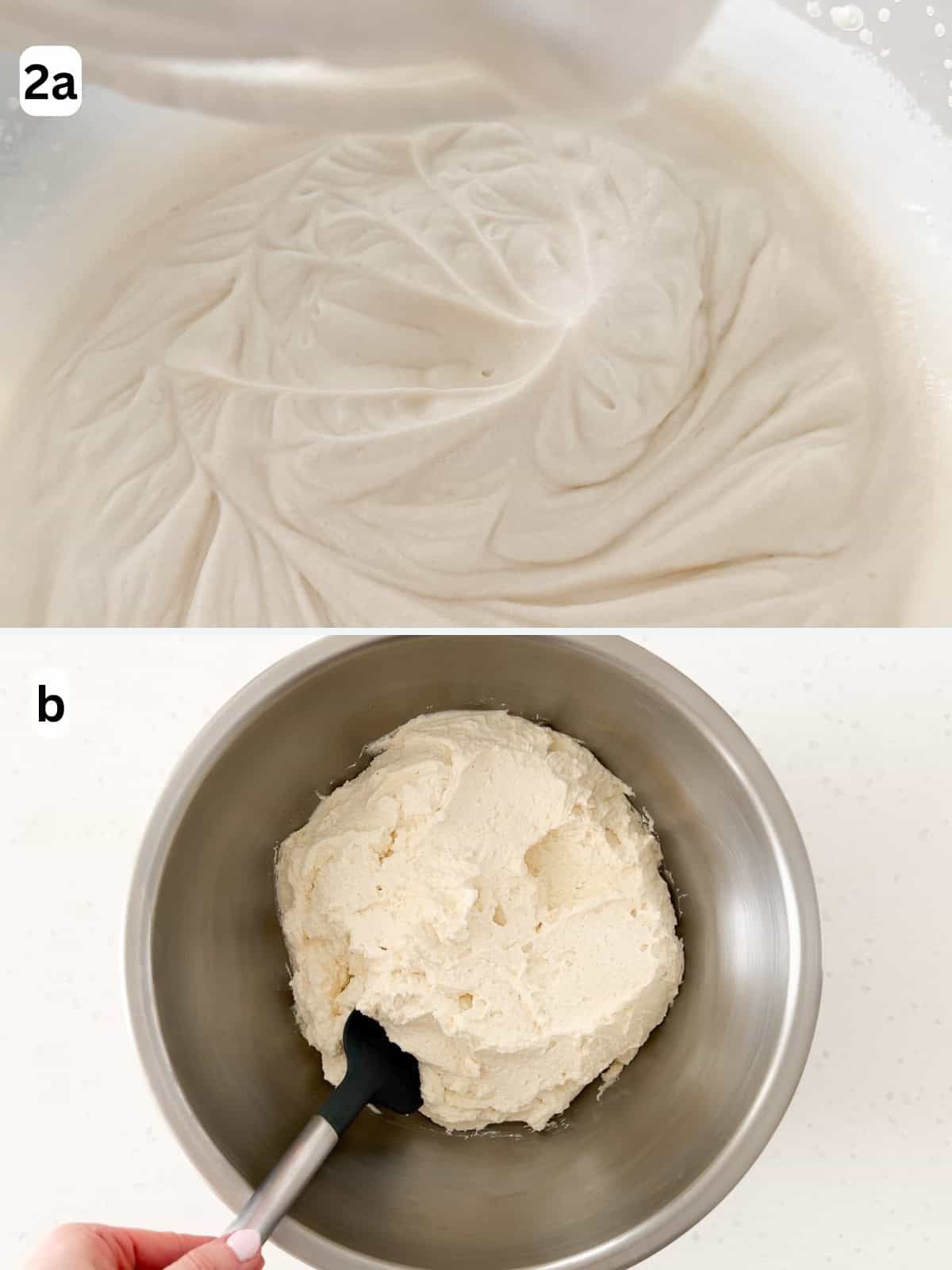 Heavy cream, sugar, and vanilla extract are whipped to stiff peaks and folded into mascarpone cheese.