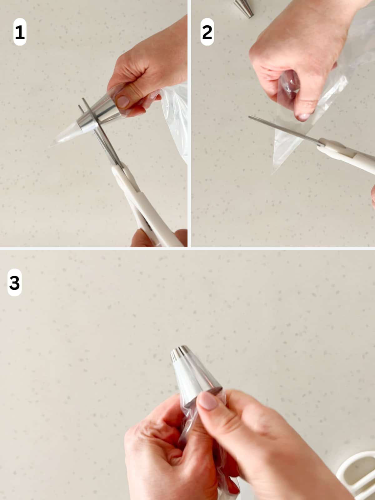 The steps for fitting a piping bag with a piping tip.