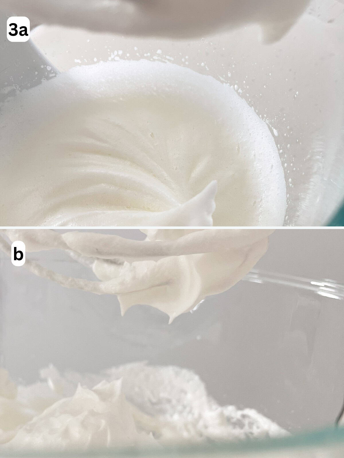 Egg whites are whisked into soft peaks before adding sugar and whisking into stiff peaks.