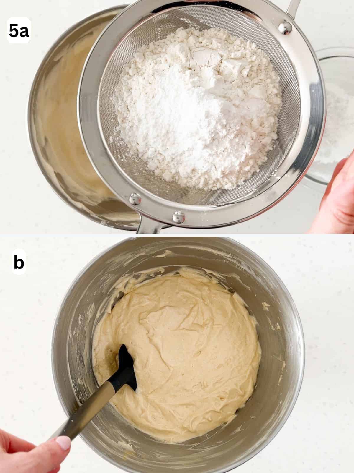 Flour and cornstarch are sifted into the egg mixture and mixed until just combined.