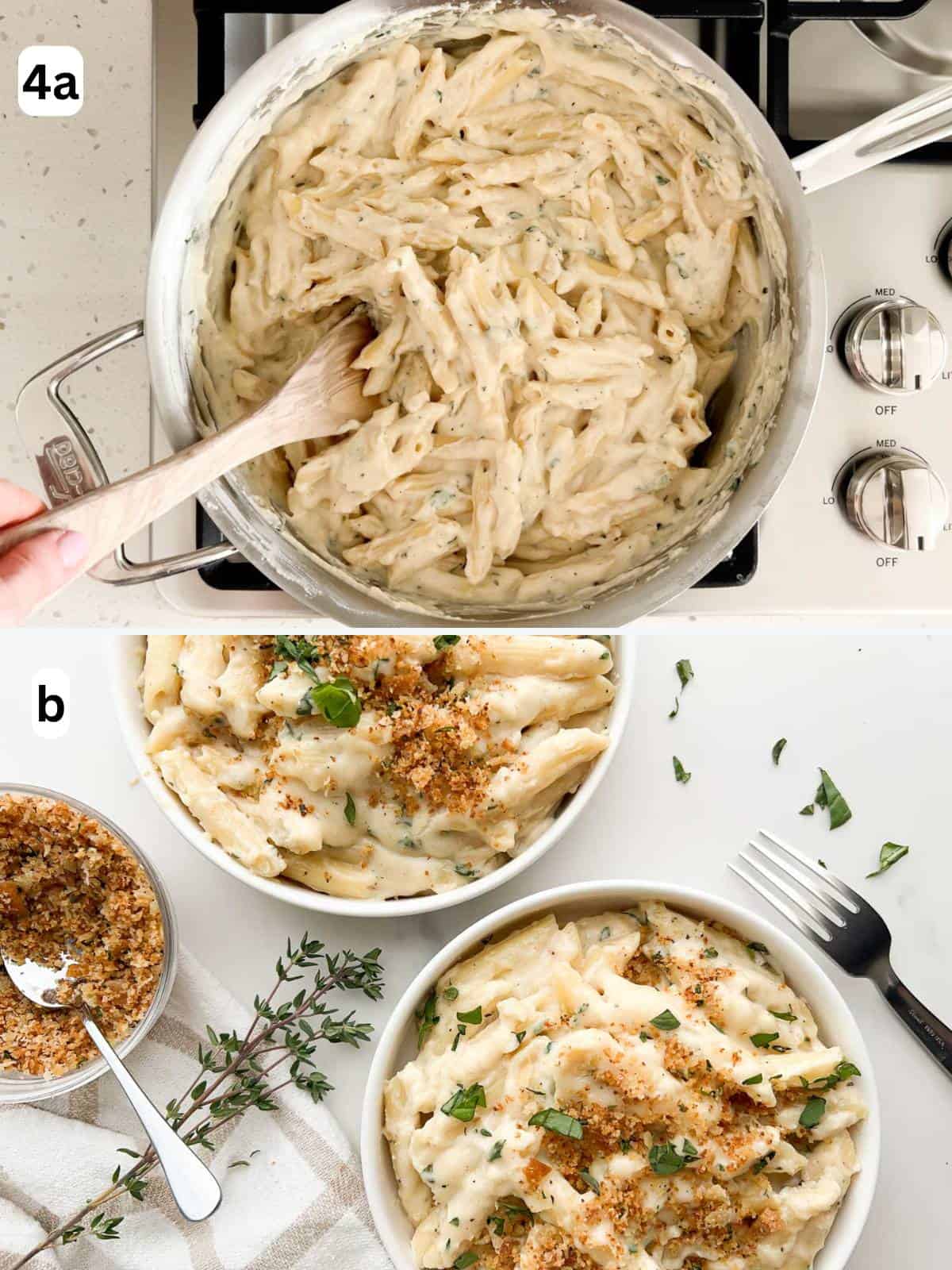 Pasta and cheese sauce are combined and the Italian mac and cheese is garnished with breadcrumbs.