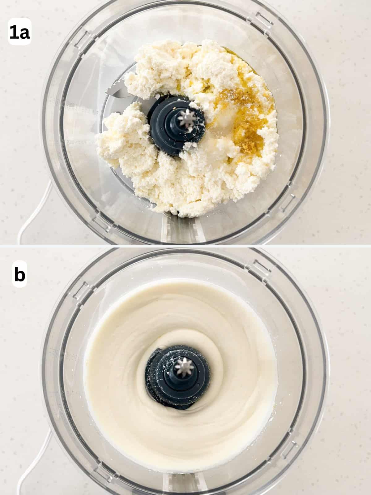 The whipped ricotta dip ingredients are blended until smooth, creamy, and airy.