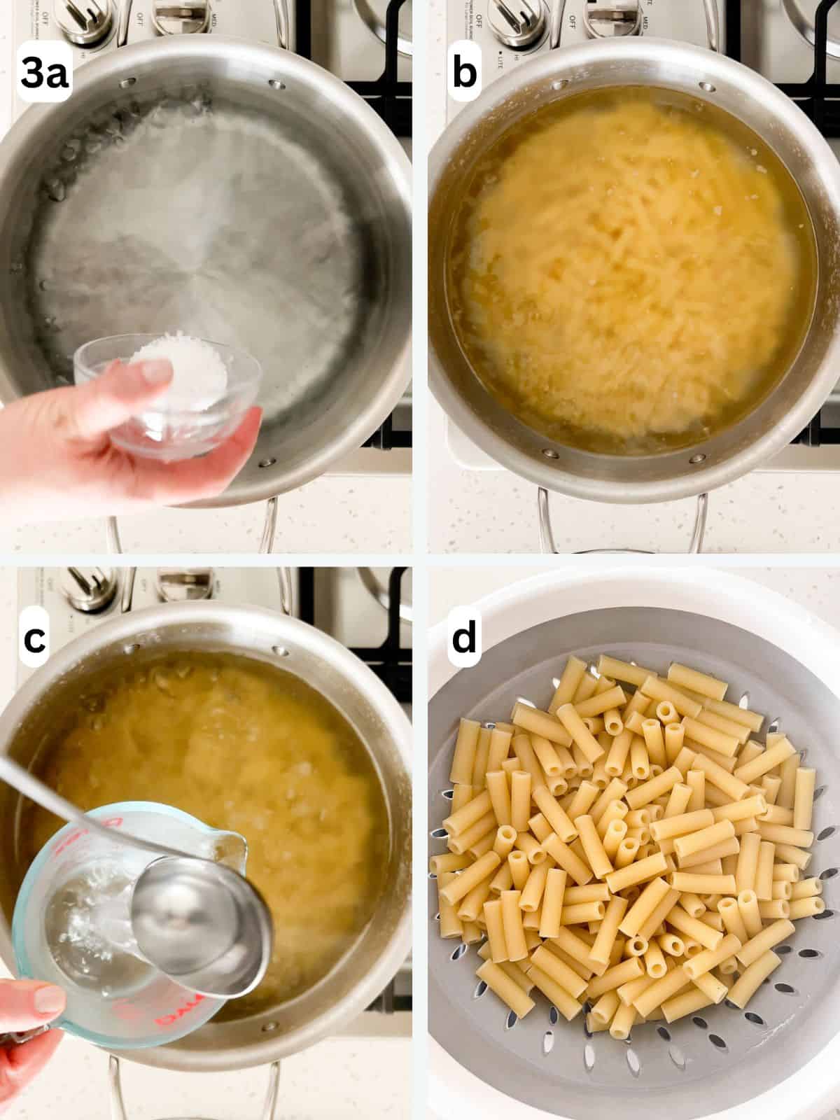 Ziti is cooked in salted water and some pasta water is reserved before draining.