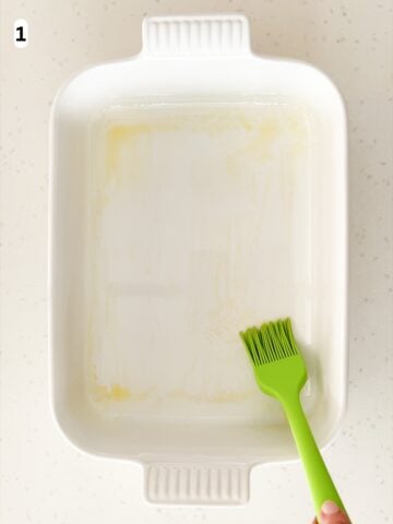 A baking dish is greased with olive oil.