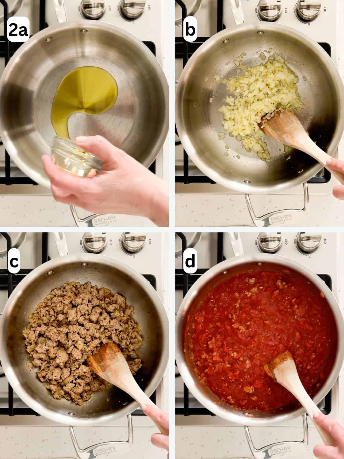 Onions, garlic, and sausage cook in a skillet before simmering with San Marzano tomatoes.