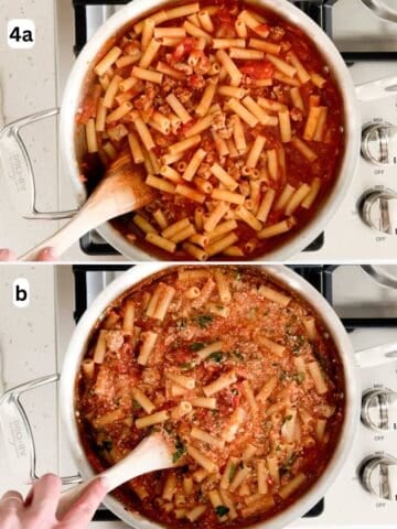 The cooked ziti is combined with the sauce, ricotta, and herbs.
