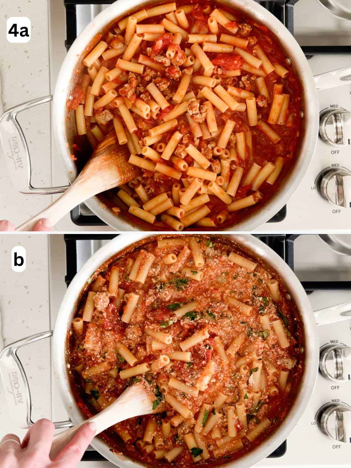 The cooked ziti is combined with the sauce, ricotta, and herbs.