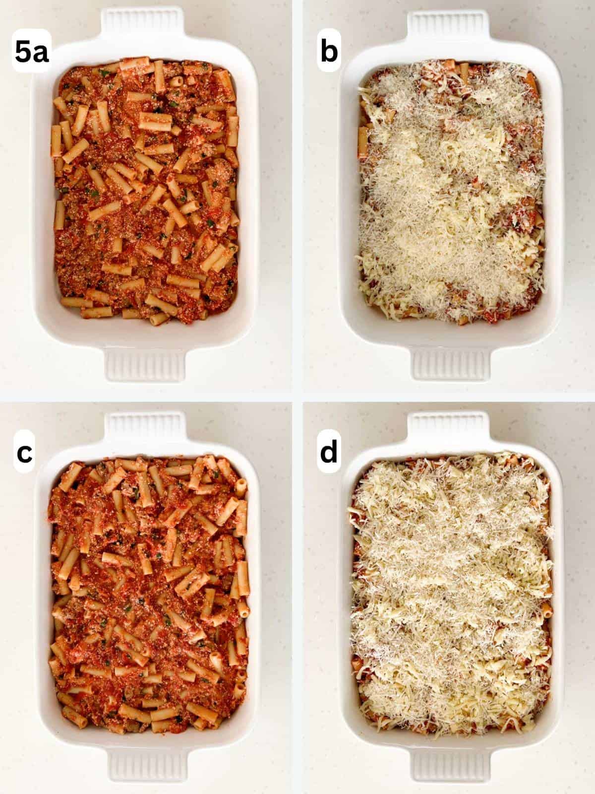 Alternating layers of ziti, mozzarella, and Parmigiano Reggiano are assembled in a baking dish before baking.