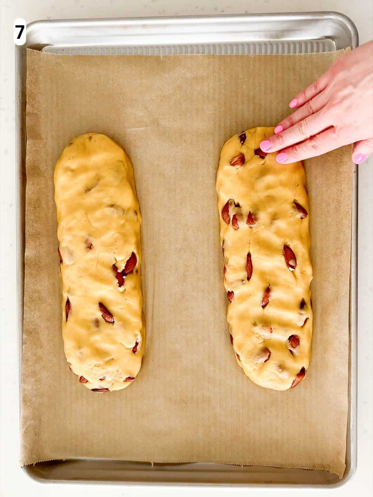 The biscotti dough is shaped into logs.