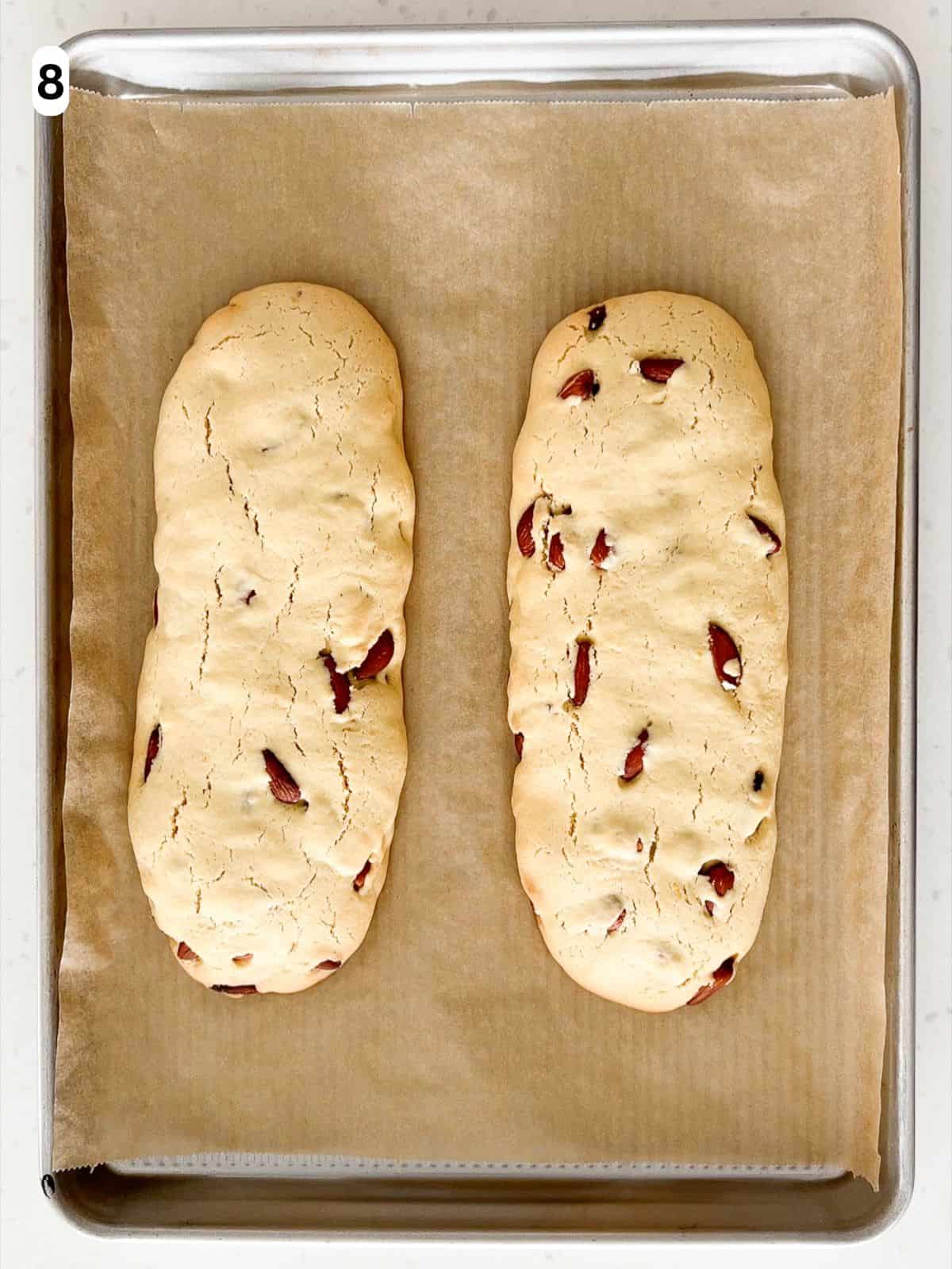 The biscotti loaves are baked until golden with cracks along the top.