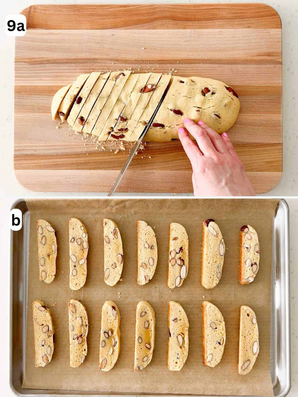 The biscotti is sliced and placed cut side down on a baking sheet.