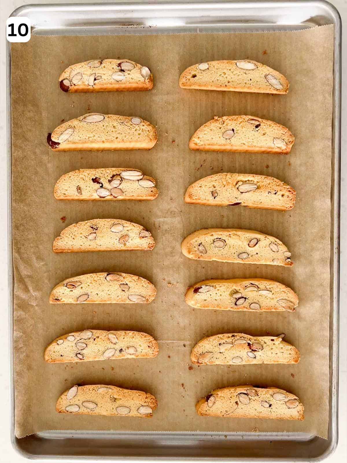 The biscotti are baked until golden and crisp.