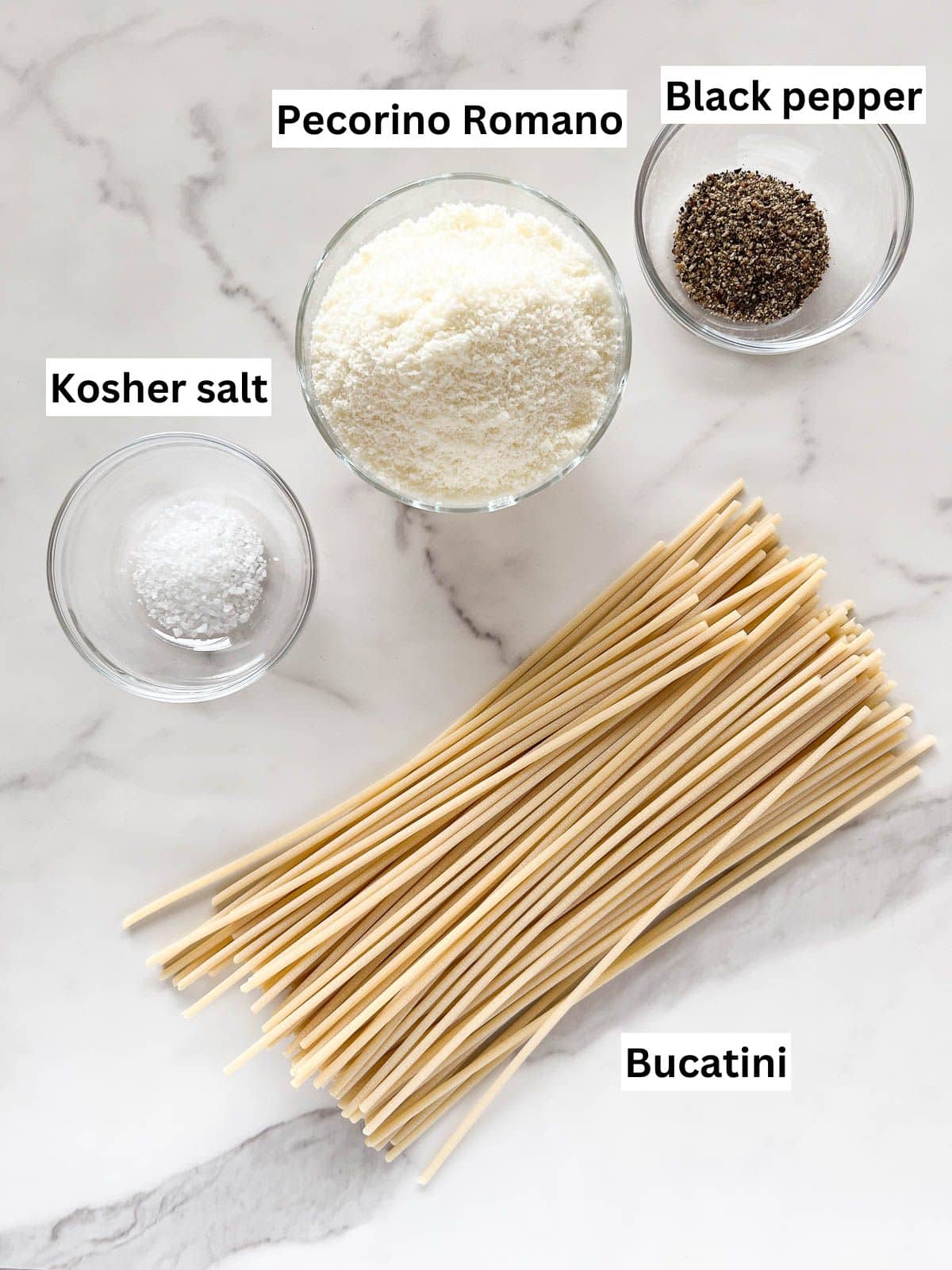 The ingredients to make bucatini cacio e pepe.