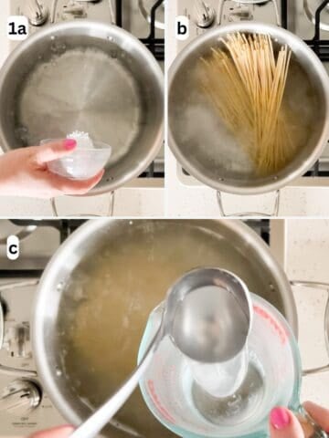 Pasta cooks in salted boiling water with some pasta water reserved before draining.