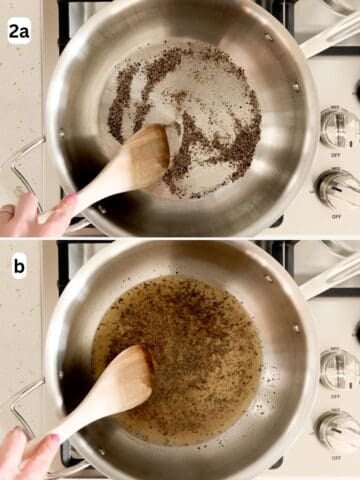 Black pepper is toasted in a pan and combined with pasta water.